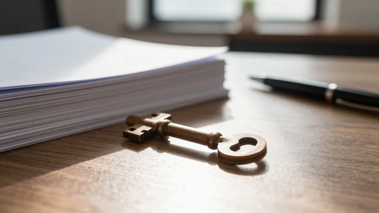 Chave simbólica sobre documentos importantes representando acesso e confiança