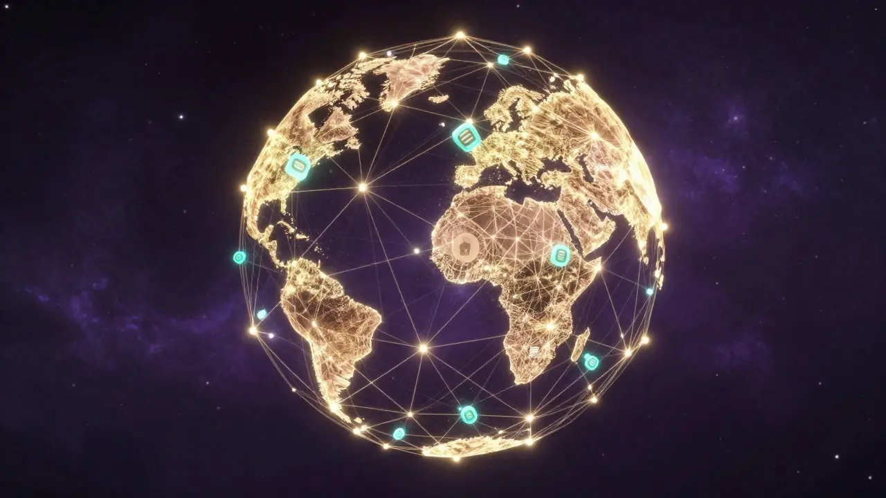 Network of connected nodes representing decentralized data storage